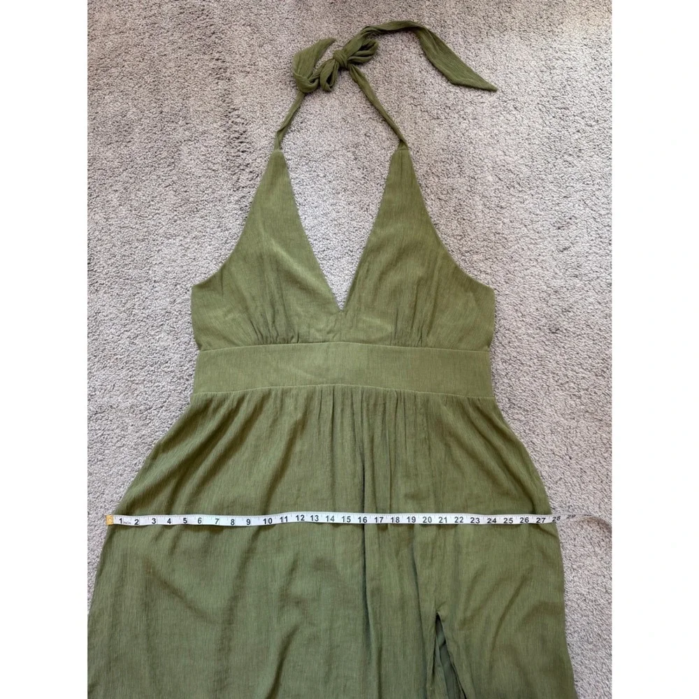 Abercrombie & Fitch Olive Green Halter Maxi Dress Textured V-Neck Slit XL Fall